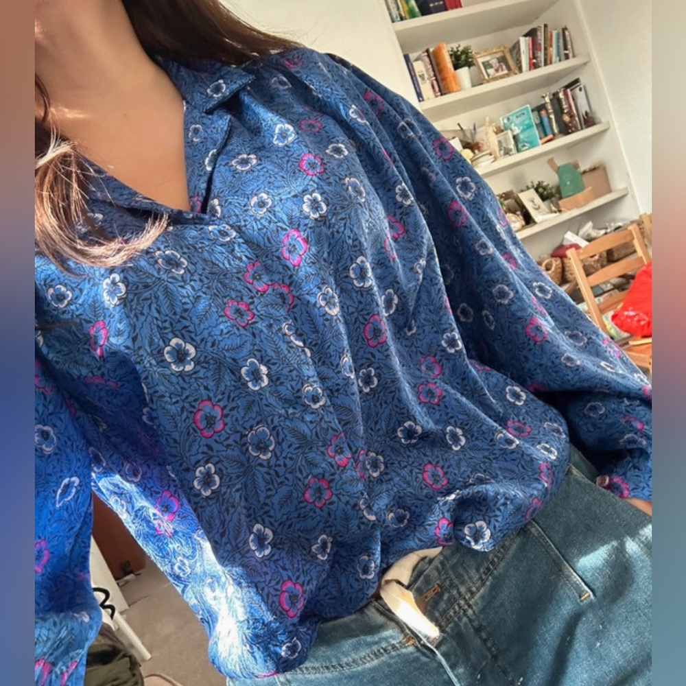Oscar de la Renta Blue Floral Button-Down Shirt with Pink & White Accents